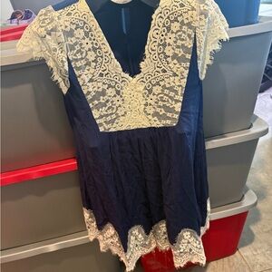 Elegant Navy and Cream Lace Women's Top p48